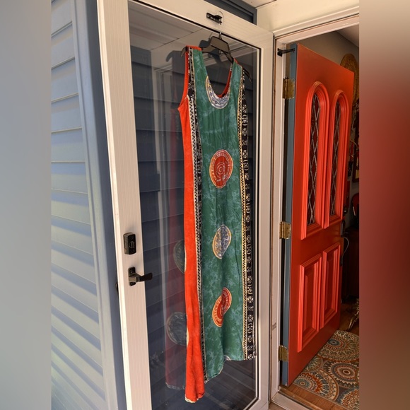 Vntg TEO’S Indonesia Long Colorful Print Dress w Slits XL - Picture 2 of 9